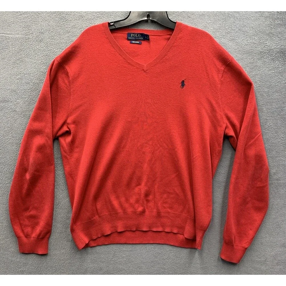 Polo Ralph lauren Mens Pullover V-Neck Sweaters Pima Cotton Preppy Red Large